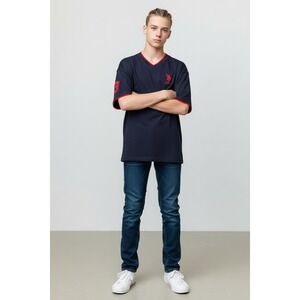 US Polo Assn Kids Boys Navy Blue V Neck T Shirt Red Trim, Size XL (14-16), NWT